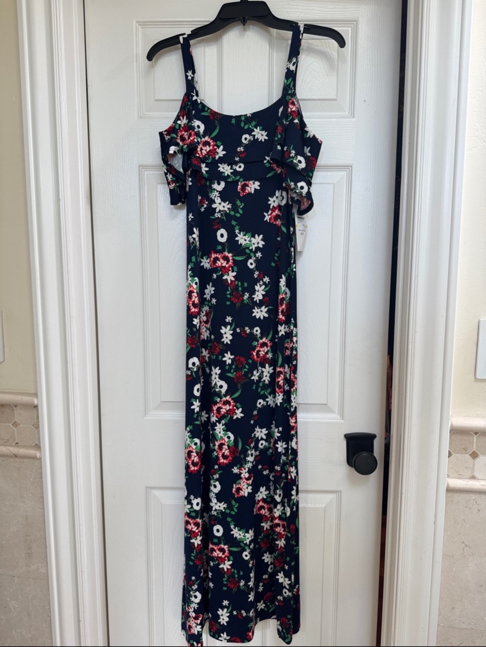 Nina Leonard Navy Floral Cold-Shoulder Maxi with Pink Blooms